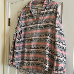 Pink and Blue Long Sleeve Polo Blouse with Boxy Relaxed Fit